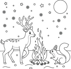 Squirrel and deer gathering around a bonfire in the snow outline coloring page. Christmas and Winter Illustration