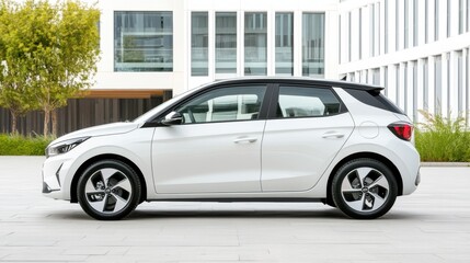 Modern White Hatchback Car in Urban Environment
