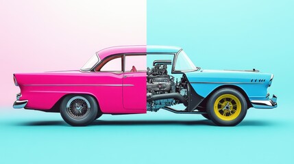 Colorful Split Car Design with Mechanical Details