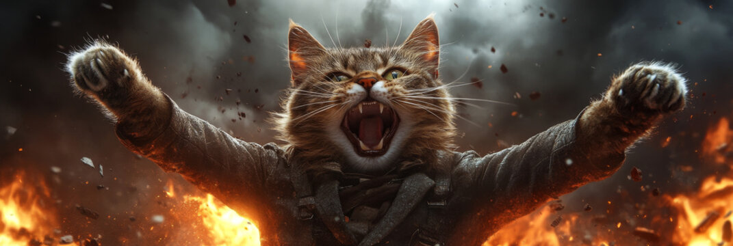 A fierce cat emerges from the flames, roaring with power.
