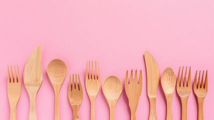 Disposable Bamboo Spoons Forks And Knives On Pink Background Zero Waste Concept Top View Copy Space