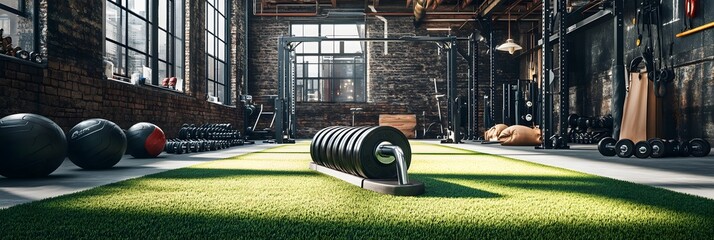 rugged CrossFit area with a pull sled loaded with heavy weight plates. The sled sits on a synthetic turf track