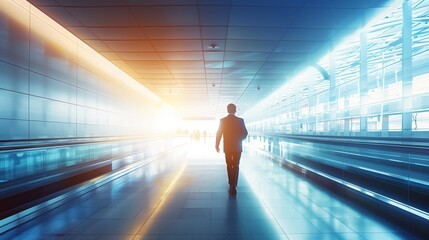 Obraz premium Silhouette of a Businessman Walking Through a Modern Airport Terminal with Illuminated Skylights and Reflections