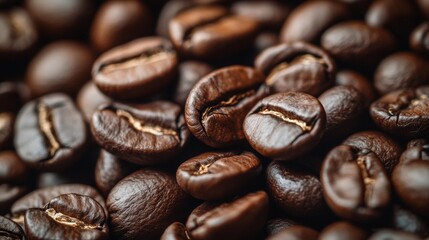 Naklejka premium Close-up of Roasted Arabica Coffee Beans in a Heap, Ready for Brewing
