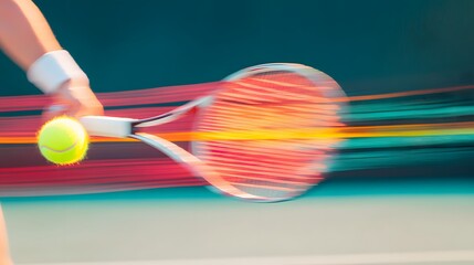 A dynamic shot of a tennis player swinging a racket, capturing a blurred motion effect of the tennis ball in action.