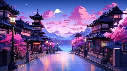 generated illustration of anime comic artstyle of japanese village city town in the evening