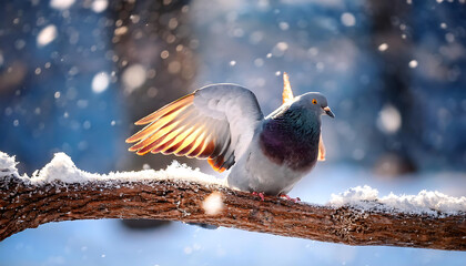 Fototapeta premium Pigeon Playing in a Winter Park