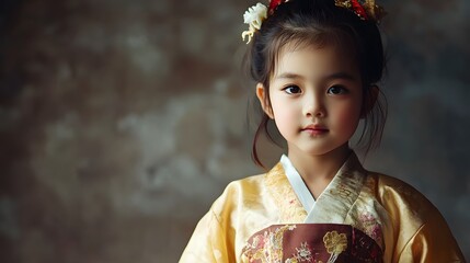 A little girl in a traditional Han Dynasty dress, standing naturally with soft, subtle luster on her outfit, clean background