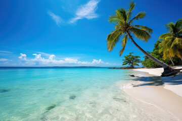 generated illustration of  beach scene featuring tall palm trees against a backdrop of crystal clear blue water.