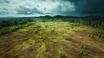 Aerial view of a deforested landscape with scattered trees and dark clouds, highlighting environmental impact and land changes.