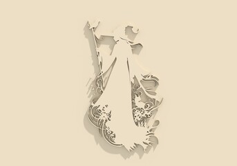 Silhouette of young cute witch girl with broomstick. Long curly hair. Halloween relative character silhouette. 3D render