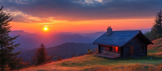 A wooden cabin sits on a hilltop overlooking a picturesque sunset over a mountain range.
