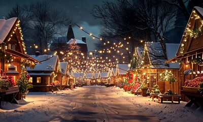 A festive Christmas market in the snow, with stalls selling decorations and hot cocoa, and lights strung overhead - Powered by Adobe