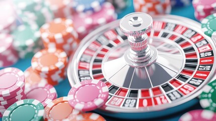 Exciting Casino Action with Roulette Wheel in Mid-Spin Surrounded by Colorful Betting Chips on Table