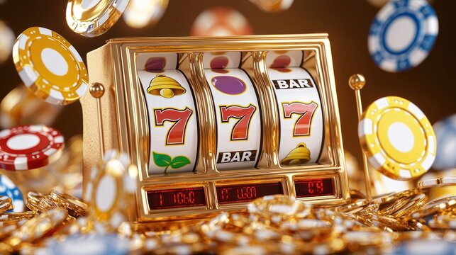 Celebrating Jackpot Victory: Coins Overflowing on Slot Machine Table in Betting Frenzy Delight
