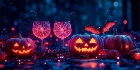 Spooky Halloween drinks with spider webs and scvary pumpkins - ai generated