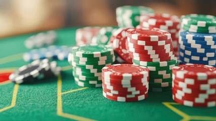 Fototapeta premium Vibrant Casino Atmosphere with Green Roulette Table, Colorful Chips, and Spinning Wheel Drama