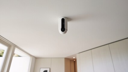 A small, streamlined security camera installed on the ceiling of a minimalist-style home. The uncluttered space features light tones and minimal decor, with the camera providing discreet surveillance