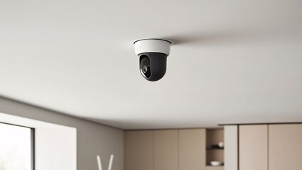 A small, streamlined security camera installed on the ceiling of a minimalist-style home. The uncluttered space features light tones and minimal decor, with the camera providing discreet surveillance