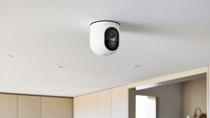 A small, streamlined security camera installed on the ceiling of a minimalist-style home. The uncluttered space features light tones and minimal decor, with the camera providing discreet surveillance