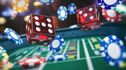 Exciting Craps Game with Dice Bouncing on Table, Casino Chips in Foreground, Vibrant Casino Ambiance