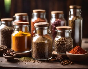 Handcrafted spice jars with depth of field showcasing freshly ground spices and earthy tones