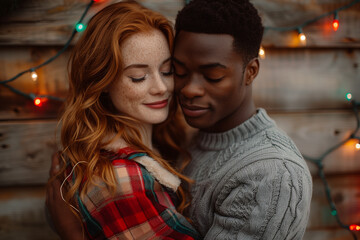Festive Holiday Romance: Beautiful Interracial Couples enjoying the Christmas season.