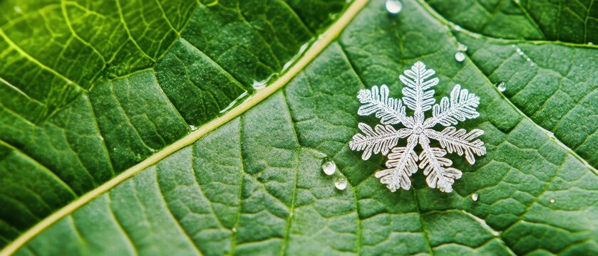 A delicate snowflake rests on a green leaf, symbolizing the beauty of nature and seasonal contrasts.