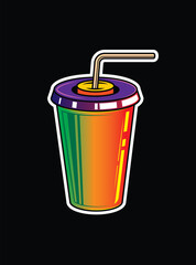 Fast food plastic cup with straw. Hot or cold drink. Original vector illustration in vintage style.