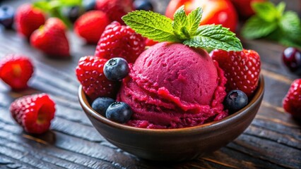Closeup view of delicious berry sorbet with vibrant colors and refreshing texture, berry, sorbet, dessert, refreshing