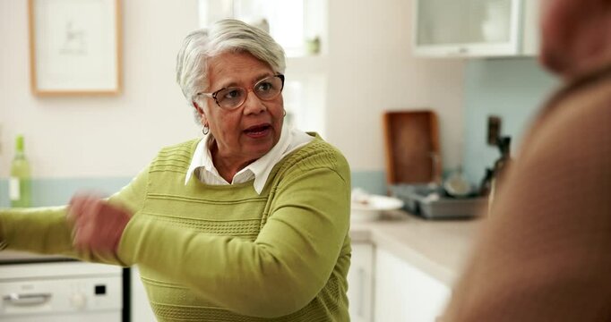 Home, senior couple and argument with divorce, angry and fighting with toxic relationship, verbal abuse or stress. Apartment, old man or mature woman with retirement, conflict or marriage with crisis