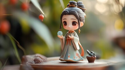Obraz premium The cute girl in a Han Dynasty dress, holding a tiny jade pendant, blind box toy style with matte sculpting