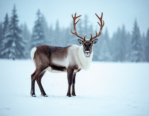 Portrait of a reindeer with massive antlers pulling sleigh in snow