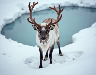 Portrait of a reindeer with massive antlers pulling sleigh in snow