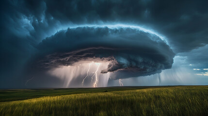 Powerful tornado funnel cloud in a wide-open plain, illuminated by flashes of lightning, with heavy rain and dark clouds adding to the dramatic scene concept white background, create image