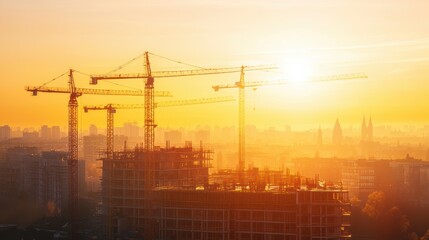 Cityscape with Construction Cranes at Sunset Skyline