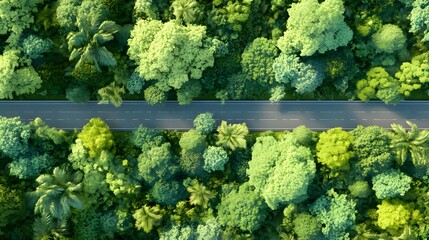 Naklejka premium Aerial view of a lush green forest with a road winding through vibrant trees and foliage.