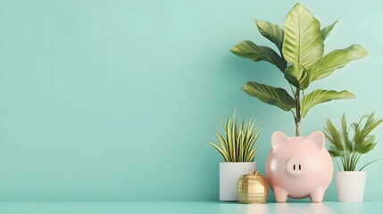 A serene scene featuring a pink piggy bank beside green plants on a mint-colored background, symbolizing savings and growth.