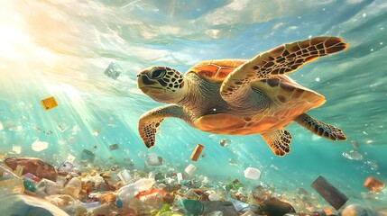 Obraz premium A turtle swims through a sunlit ocean, surrounded by floating plastic debris, highlighting the impact of pollution on marine life.