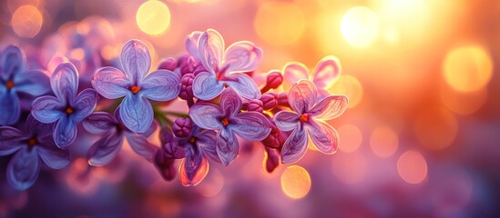 Close-up of delicate lilac flowers with blurred background of sunset.
