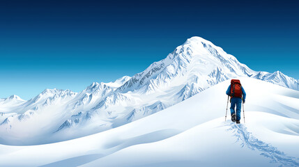 A lone hiker exploring a snowy mountain landscape under a clear blue sky.
