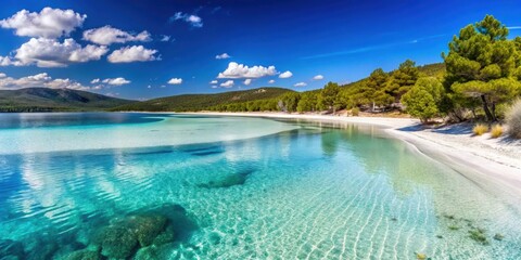 Crystal clear waters of Lake Salda with white sandy beaches surrounded by green forests, Lake, Salda, Turkiye, Burdur