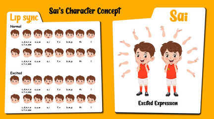 Excited boy cartoon. Excited sports boy cartoon character. Excited boy face lip sync set and hand gesture. Excited boy vector, illustration, clipart.