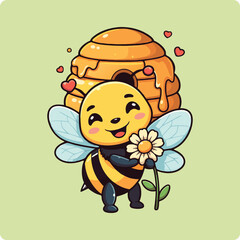 kawaii bee, honey bee, cartoon bee, cute bee, adorable bee, bee with honey, bee and flower, smiling bee, happy bee, honeycomb bee, buzzing bee, bee vector, bee clipart, bee drawing, bee digital art