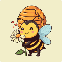 Obraz premium cartoon bee, cute bee, honey bee, kawaii bee, adorable bee, bee with honey, bee and flower, smiling bee, happy bee, honeycomb bee, buzzing bee, bee vector, bee clipart, bee drawing, bee digital art