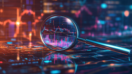Data analysis concept: Magnifying glass over digital chart.