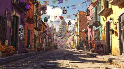 Fototapeta premium A colorful street scene with vibrant flags hanging across, wooden tables, and buildings in various shades, creating a festive and lively atmosphere