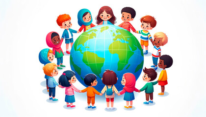 Colorful illustration of diverse children holding hands around a large globe, symbolizing unity and cultural diversity, suitable for educational and social themes