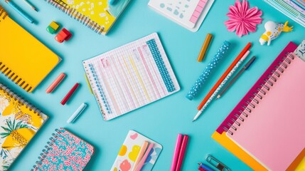 Show a creative study setup with an array of school supplies, including colorful notebooks, pens, and a personalized planner, inspiring a productive learning environment 