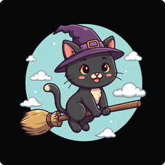 Halloween black cat, cute witch cat, cartoon witch cat, black cat on broomstick, magical cat illustration, kawaii witch cat, flying cat Halloween, adorable Halloween cat, witch hat cat, spooky cat